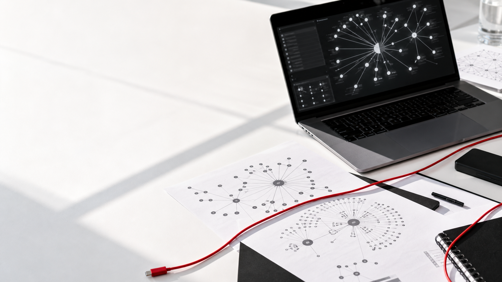 Reconnaissance desk with domain graph printouts and a laptop interface